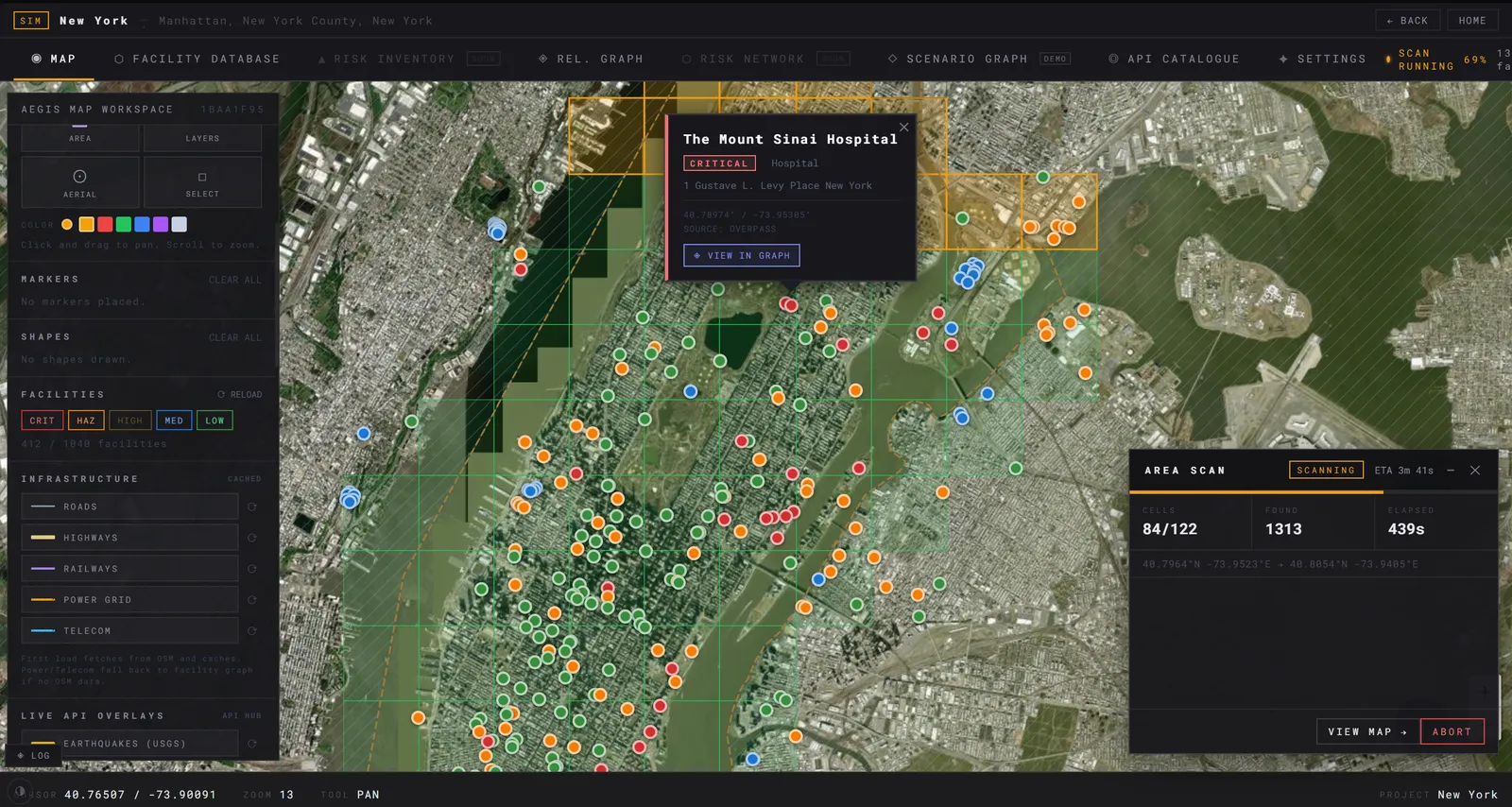 Aegis map workspace scanning a territory: critical, hazardous and high-priority facilities marked over a satellite basemap, with an area-scan panel reporting cells scanned and facilities found, and a critical hospital selected with its asset details.