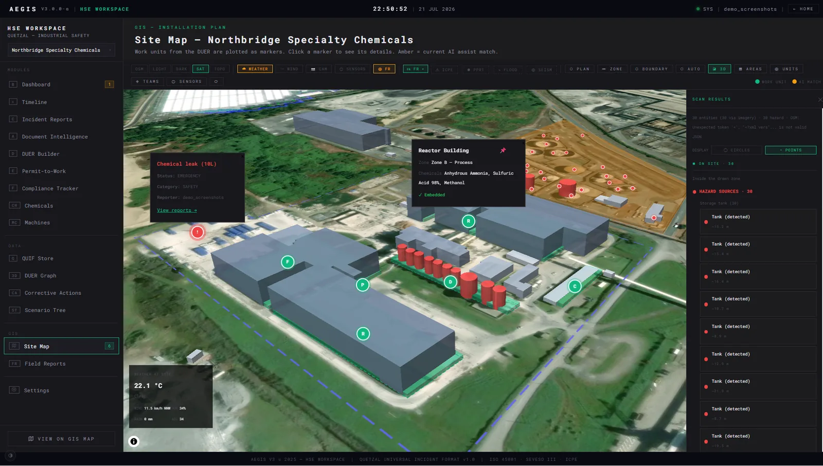 Aegis Site Map in 3D: extruded buildings over satellite imagery of a chemical plant, work units plotted as markers, a Reactor Building popup listing its zone and stored chemicals, an emergency field report for a 10 L chemical leak, live weather at the site, and a scan panel listing 30 detected hazard sources.