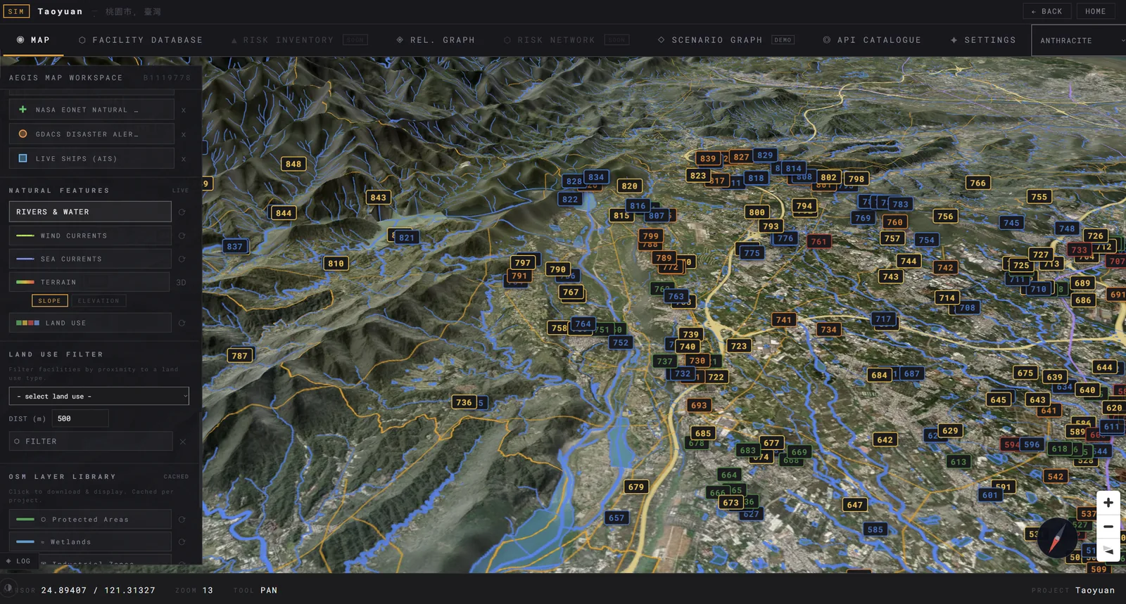 Aegis map workspace tilted into 3D over Taoyuan, Taiwan: shaded terrain rising into mountains, the river network traced in blue across the valley floor, and several hundred facilities plotted as numbered markers colour-coded by risk level, with a layer panel listing live GDACS disaster alerts, AIS ship traffic, NASA natural-event feeds, rivers and water, terrain slope and an OSM land-use library.