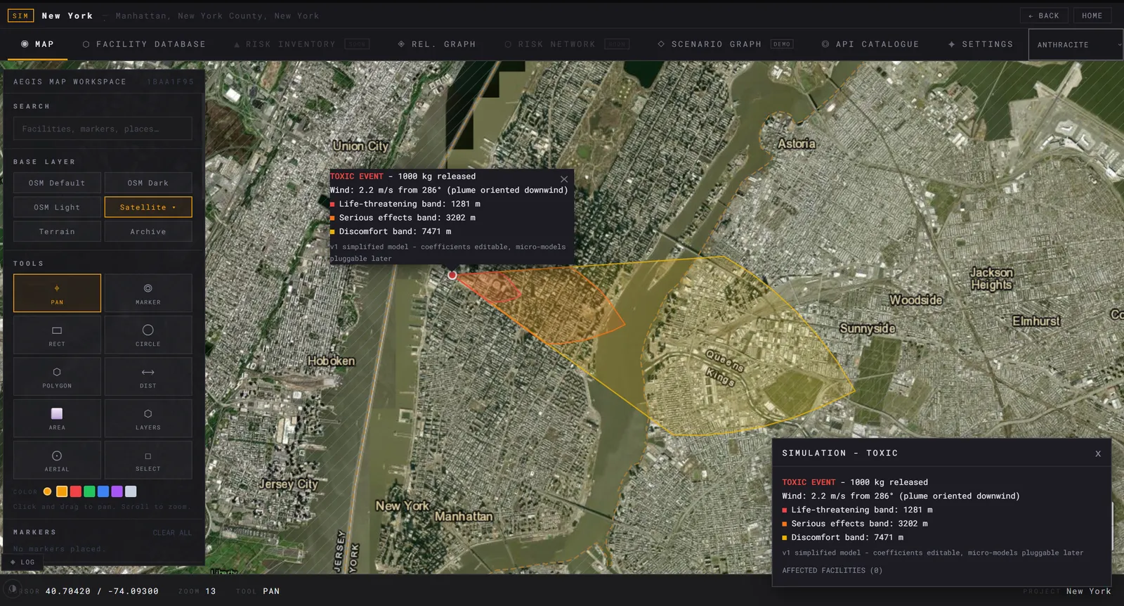 Aegis map workspace: a chemical leak on a satellite view of a city, with wind-driven zones for the most and least affected areas, and a panel listing how much was released and how far it reaches.